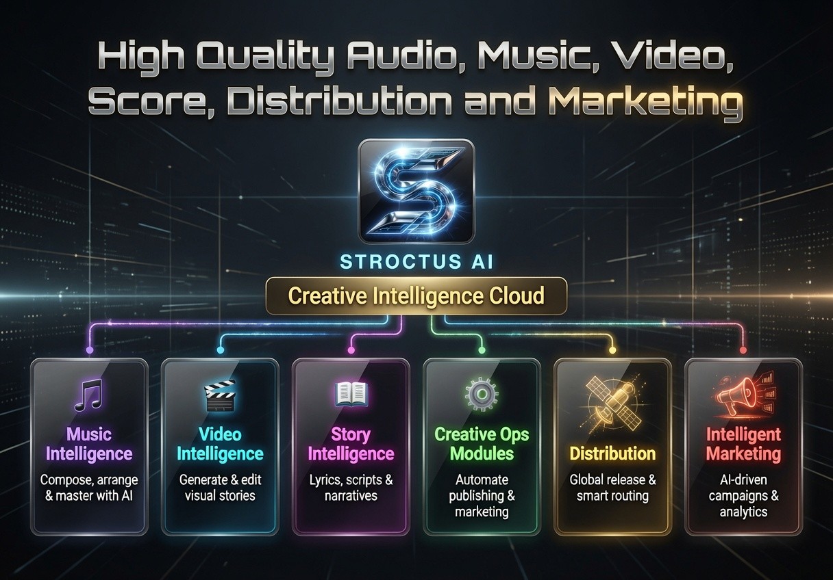 Stroctus AI Creative Intelligence Cloud: High Quality Audio, Music, Video, Score, Distribution and Marketing — Music Intelligence, Video Intelligence, Story Intelligence, Creative Ops Modules, Distribution, and Intelligent Marketing.